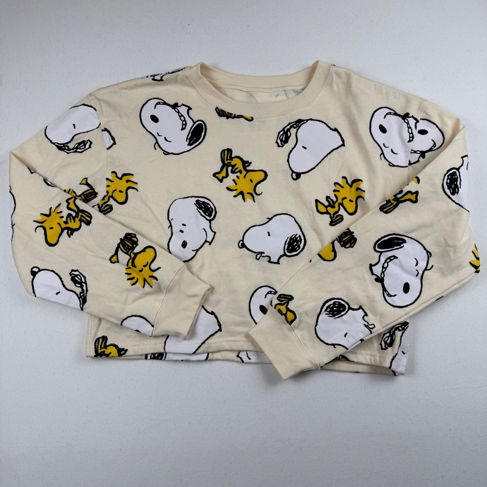 Peanuts Snoopy Woodstock All Over Print Sweatshirt Cropped Crew Neck Cream Large